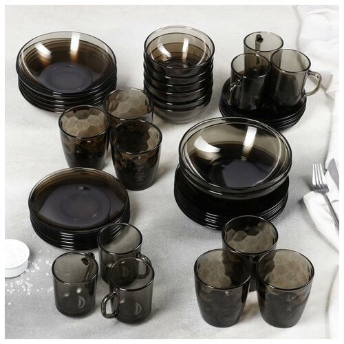 фото Набор столовый skiico kitchenware 44 предмета / кухонный прозрачный набор посуды на всю семью из черного стекла