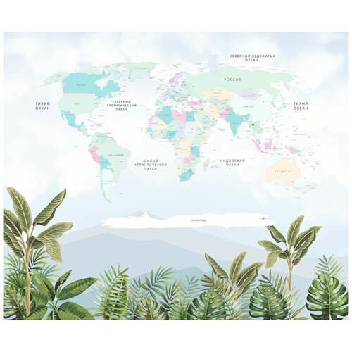 Фотообои Уютная стена Карта на фоне тропических листьев 320х270 см Бесшовные Премиум (единым полотном)