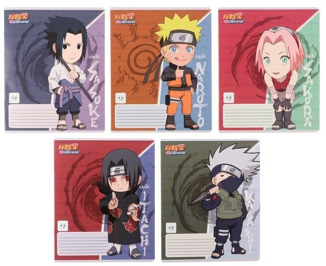 Тетрадь 12 листов в линию Naruto, обложка мелованный картон, ВД-лак, блок офсет, микс(20 шт.)
