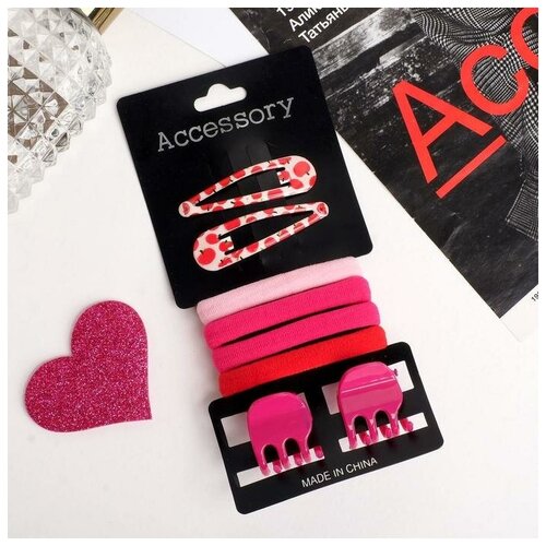 фото Набор для волос "новия" (2 невидимки 5 см, 4 резинки, 2 краба 2 см) яблочки, розовый mikimarket