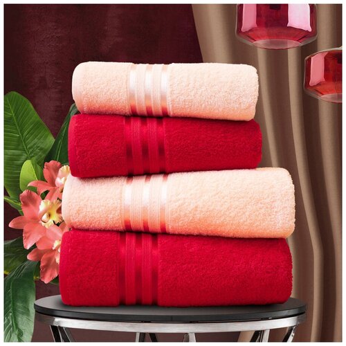 фото Набор из 4 полотенец harmonika цвет: персиковый, красный (50х80 см - 2 шт, 70х130 см - 2 шт) dome
