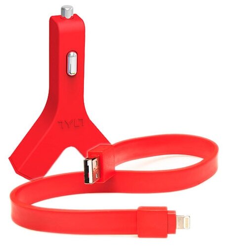 Автомобильное зарядное устройство (автозарядка) Tylt Y-charge 2 USB 4.2 А с ленточным кабелем Tylt Syncable Lightning-USB красное