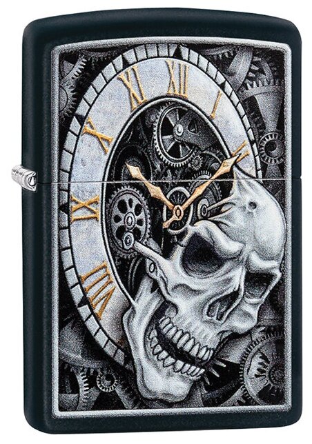 Зажигалка ZIPPO Skull Clock с покрытием Black Matte, латунь/сталь, чёрная, матовая, 36x12x56 мм Zippo MR-29854