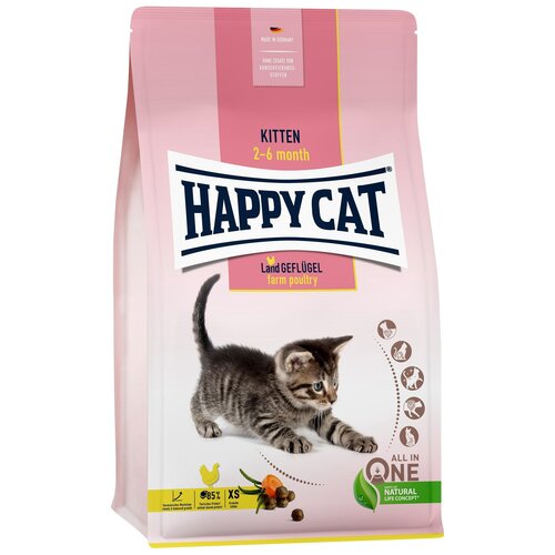 Корм сухой Happy Cat Kitten 300гр, для котят всех пород ( от 2х до 6 месяцев), с фермерской птицей