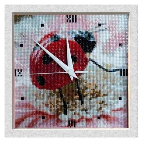 фото Набор алмазной мозаики "часы божья коровка" бб, размер 20х20 см, 30 цветов. с рамкой, стрелками и механизмом. яркие грани