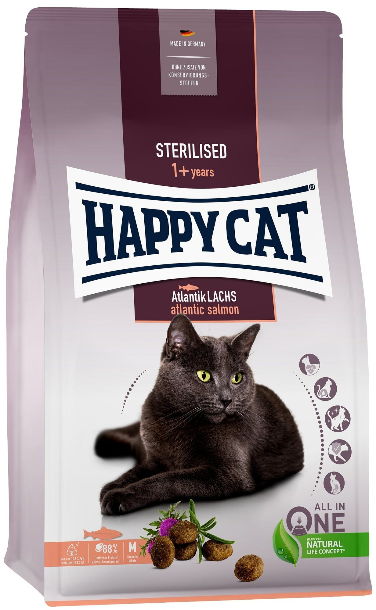 Сухой корм Happy Cat Sterilised Atlantik-Lachs для стерилизованных кошек и кастрированных котов с лососем 4 кг