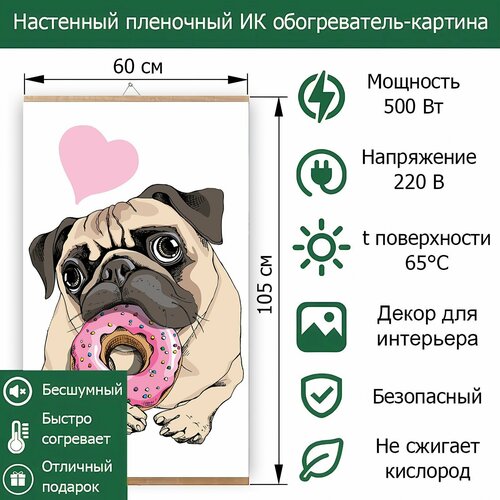 Обогреватель электрический инфракрасный настенный Totmart / Картина интерьерная Мопс для дома дачи 400 Вт