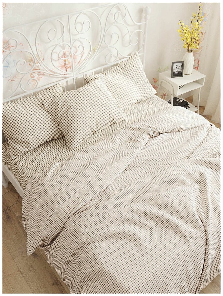 фото Постельное белье Кот Коттон "Бежевая клеточка", простынь классическая, перкаль