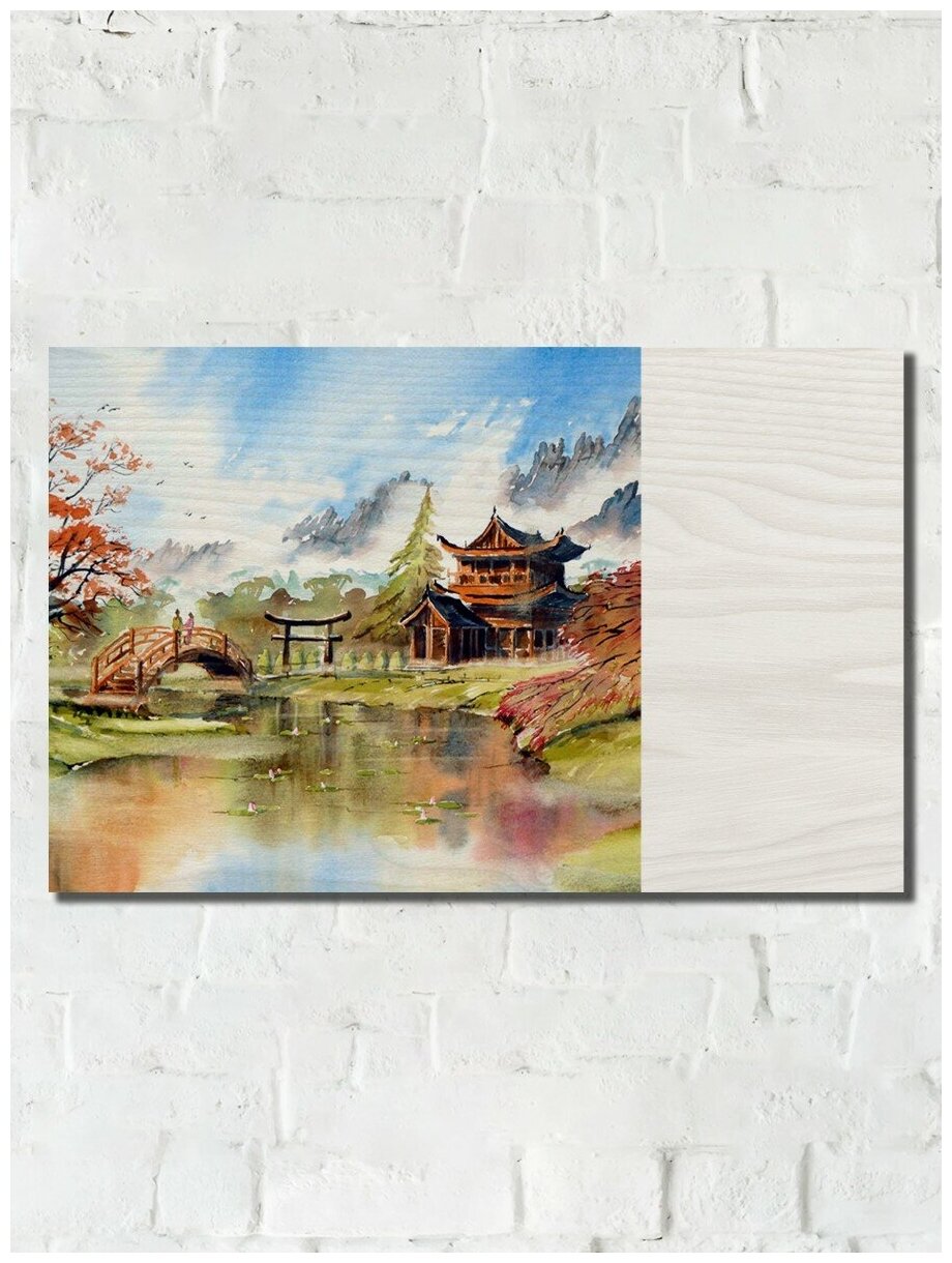 Картина интерьерная на дереве японская живопись (сад, мост, осень) - 852