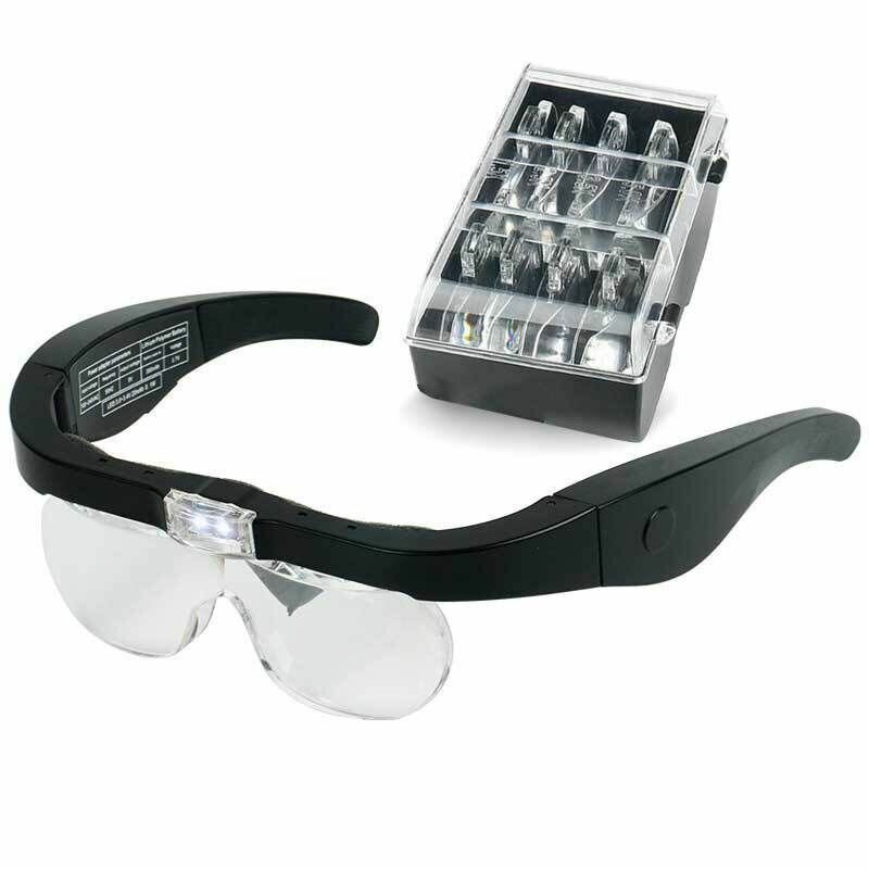 Очки лупа Аккумуляторные увеличительные 5X с подсветкой с 4-мя сменными линзами в футляре лупа налобная для косметологии рукоделия чтения ремонта