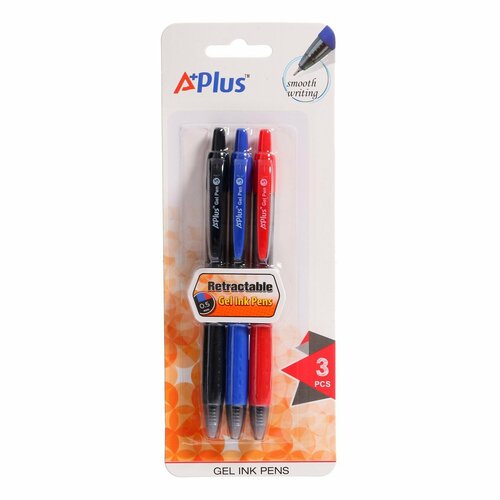 Набор гелевых цветных автоматических ручек 0,5 мм BEIFA Студент, пластиковый корпус, 3 цвета: синий, черный, красный, с европодвесом
