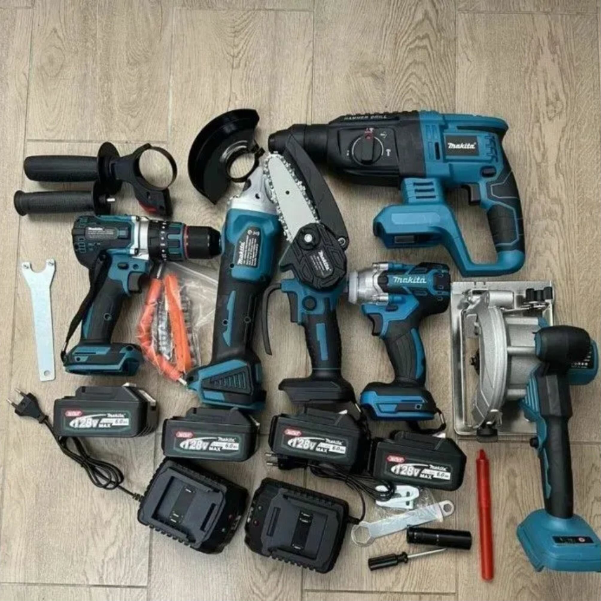 фото Набор аккумуляторных электроинструментов 6в1 Шуруповёрт, Гайковёрт, Перфоратор, УШМ, Циркулярка, Сучкорез 288Vf 8Ah аккумуляторных электроинструментов 6в1