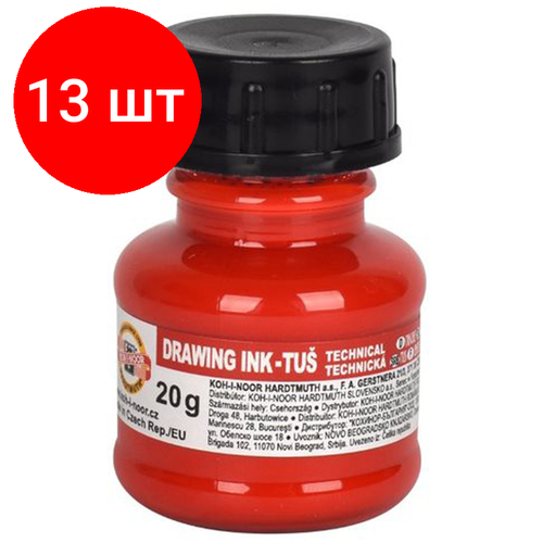 Комплект 13 шт, Тушь акриловая плакатная Koh-I-Noor, 20гр, красная, флакон