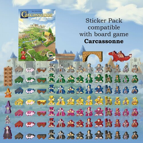Стикерпак для настольной игры Carcassonne (Каркассон) и всех его номерных и мини дополнений для старой и новой редакции