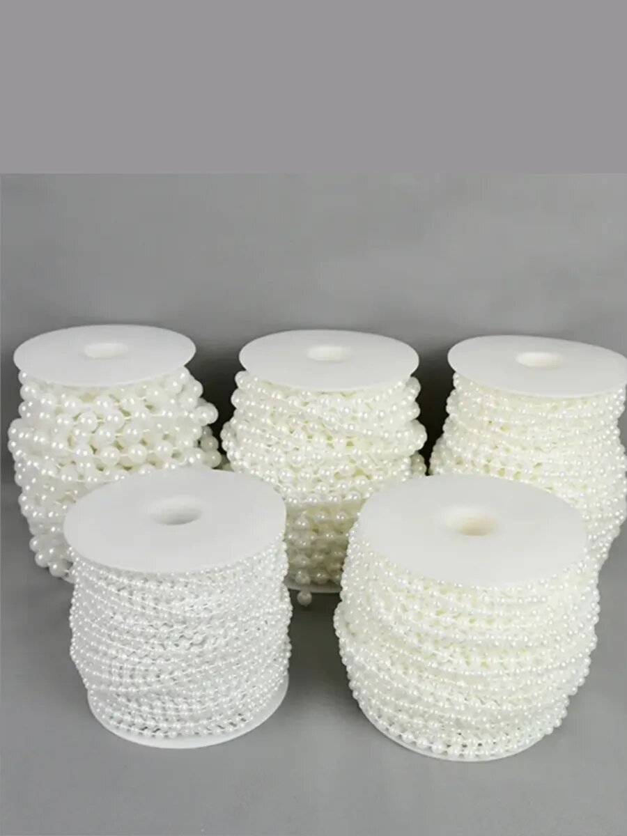 Бусы на нити, диаметр 5мм, 40 метров, на катушке, белые, пластик — фото 1