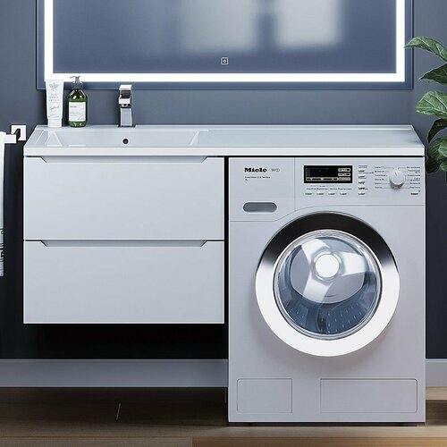 фото Тумба с раковиной uperwood tanos 120 l под стиральную машину, подвесная 2 ящика, белый