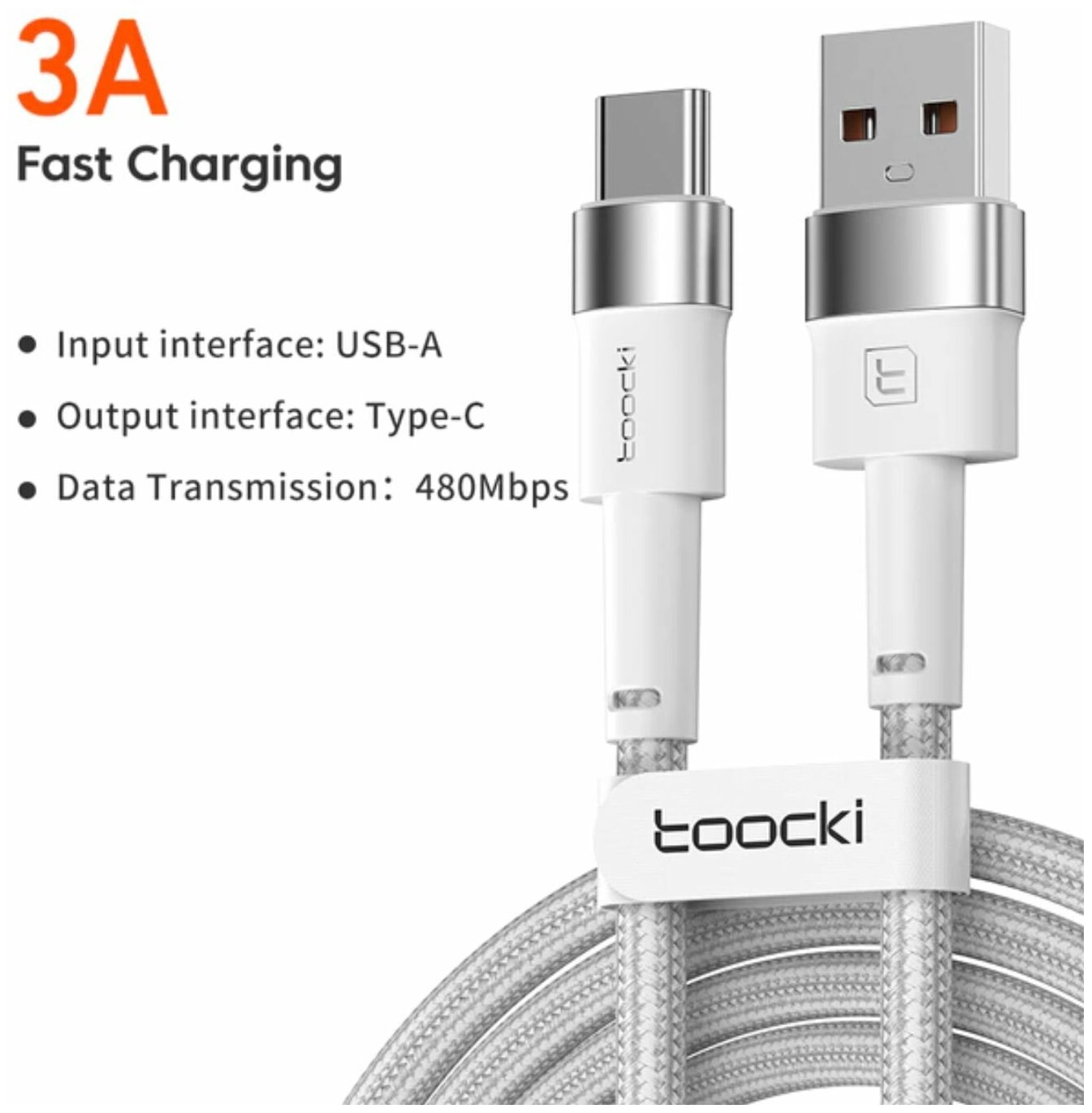 Кабель зарядный Toocki с USB A на Type C, 1м, белый