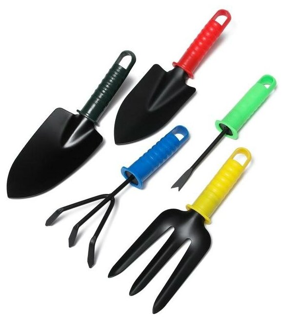 Набор садового инструмента, 5 предметов: 2 совка, рыхлитель, вилка, корнеудалитель, длина 27 см, пластиковые ручки, цвет микс - фотография № 1