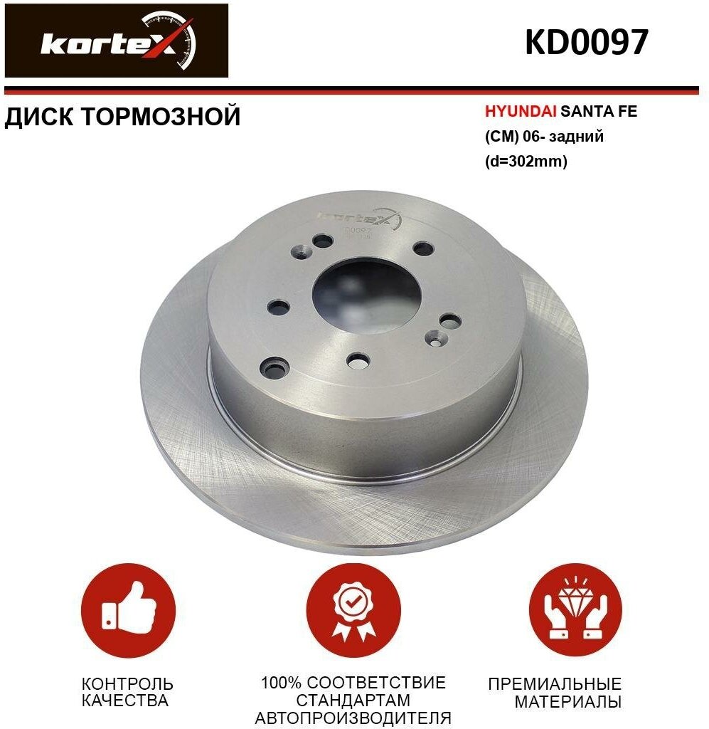 Тормозной диск Kortex для Hyundai Santa Fe (CM) 06- зад.(d-302mm) OEM 92166103, DF6690, KD0097, R1076, 29351, 584112B000, 92166100