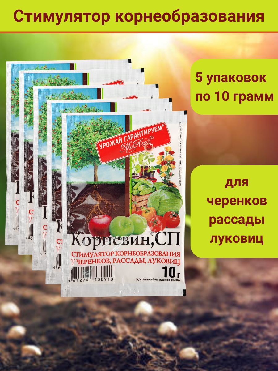 Корневин, стимулятор образования и роста корней 10 г. в комплекте 5 упаковок по 10 г. - фотография № 1