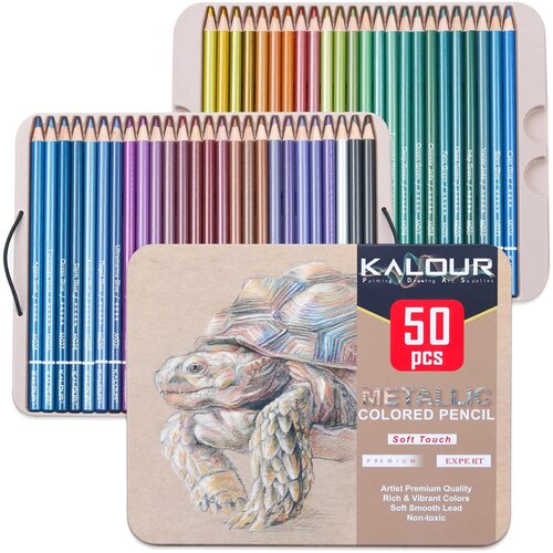 Карандаши цветные профессиональные Металлик / Metallic 50 цветов набор в металлической коробке, для рисования, для художников