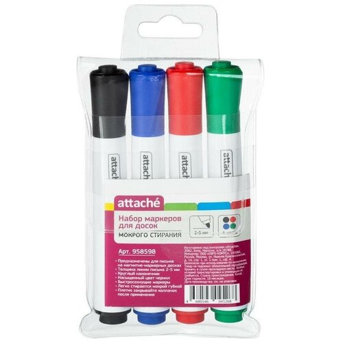 Набор маркеров для досок Attache мокрого стирания (круглый наконечник, 2-5мм, 4 цвета) 4шт, 24 уп.