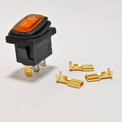 Выключатель клавишный мини влагозащита подсветка 250V 6А (3с) ON-OFF желтый (комплект с клеммами и термоусадкой)