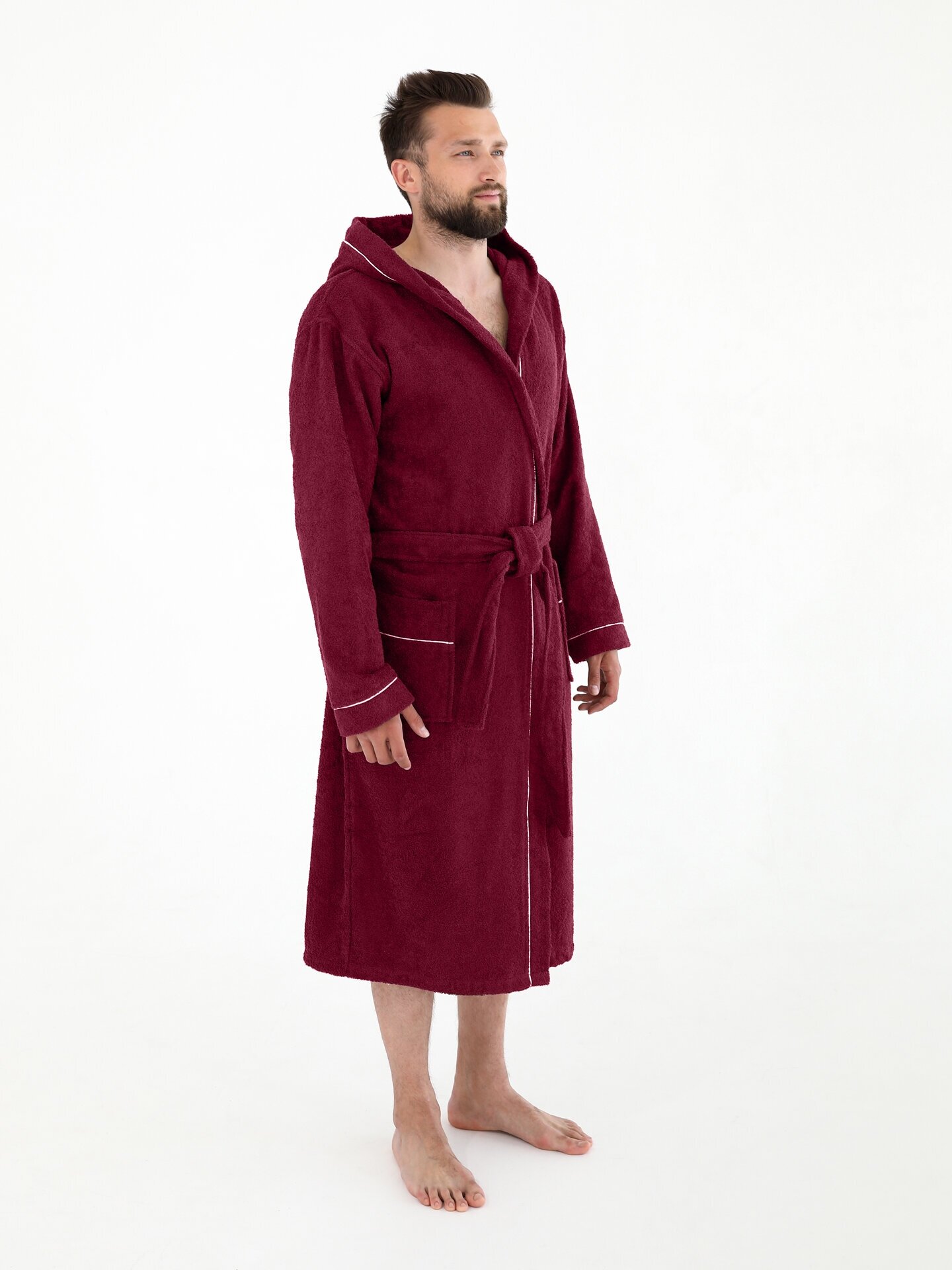 Халат махровый Everliness мужской капюшон+кант, цвет бордовый, размер 54 - фотография № 3
