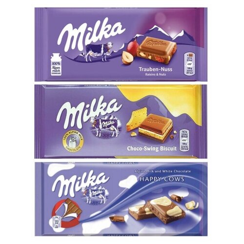 Шоколад Milka Raisins & Hazelnuts + Cream & Biscuit + Happy Cow (набор из 3 шт), 100 г, 3 шт.