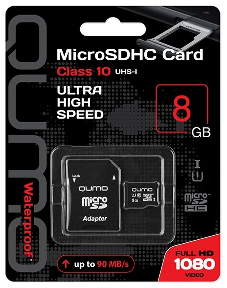 MicroSDHC 8GB QUMO Сlass 10 с адаптером SD