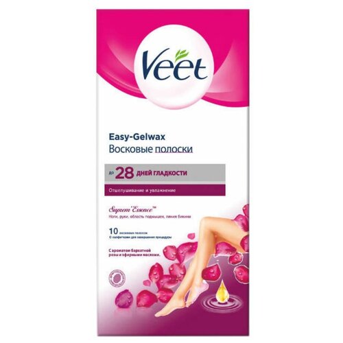 Veet Полоски восковые для тела Easy-Gelwax с ароматом бархатной розы и эфирными маслами, 10 шт