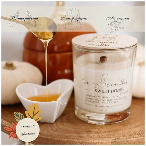 Свеча соевая с деревянным фитилем The Organic Candles Сладкий мёд - Sweet Honey 200 ml