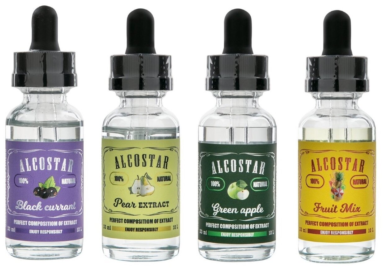 Набор Эссенций Alcostar IBlack currant, Green apple, Pear, Fruit mix (Черная смородина, зеленое яблоко, Груша, Фруктовый микс)