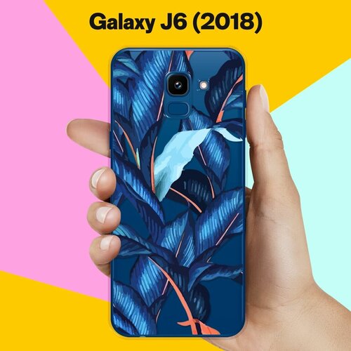 силиконовый чехол синие цветы в чашке на samsung galaxy j4 2018 самсунг джей 4 2018 Силиконовый чехол Синие листья на Samsung Galaxy J6 (2018)