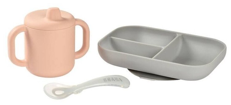 Набор посуды Beaba: тарелка, ложка, поильник / COFFRET APPRENTISS SILIC PINK 913527