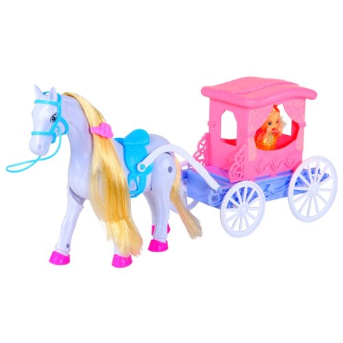 фото Игровой набор для детей. карета с куклой и лошадкой тм amore bello, лошадка ходит, звуковые эффекты, в/к 41*12*21 см,цвет кареты розовый.
