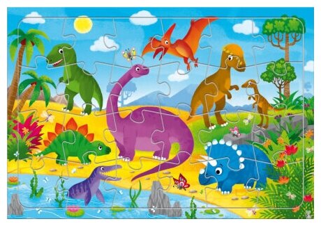Пазл листовой на подложке. Динозавры. 24 детали. 29,5х21 см. геодом 5372