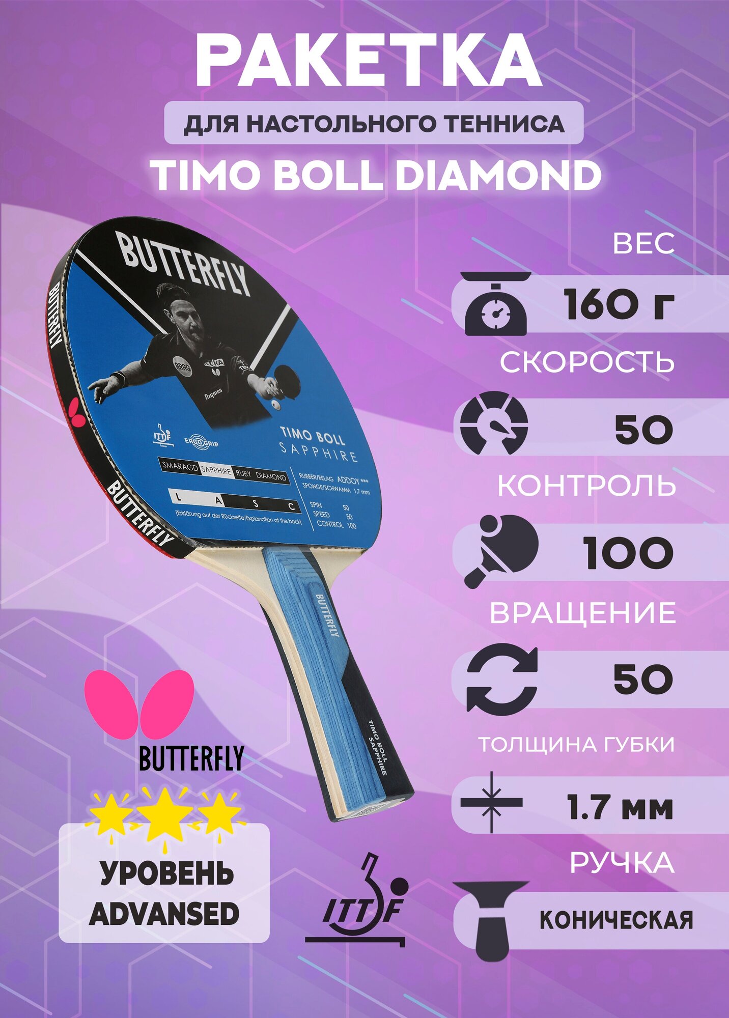 Ракетка для настольного тенниса Butterfly Timo Boll Sapphire с конической рукояткой