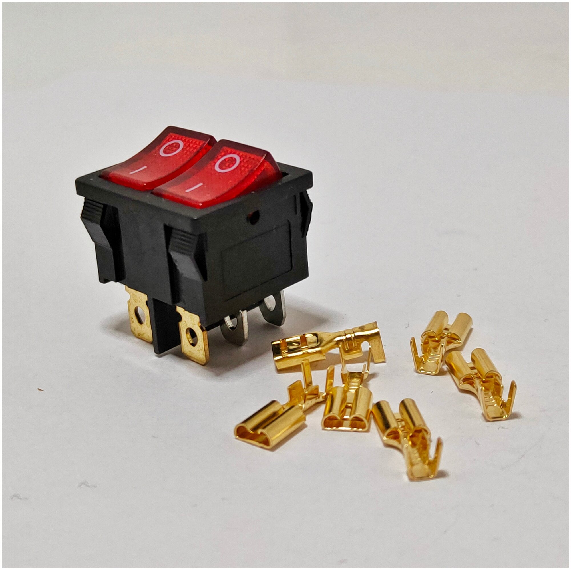 Выключатель клавишный мини двойной подсветка 250V 16А (6с) ON-OFF красный + 6 клемм - фотография № 1