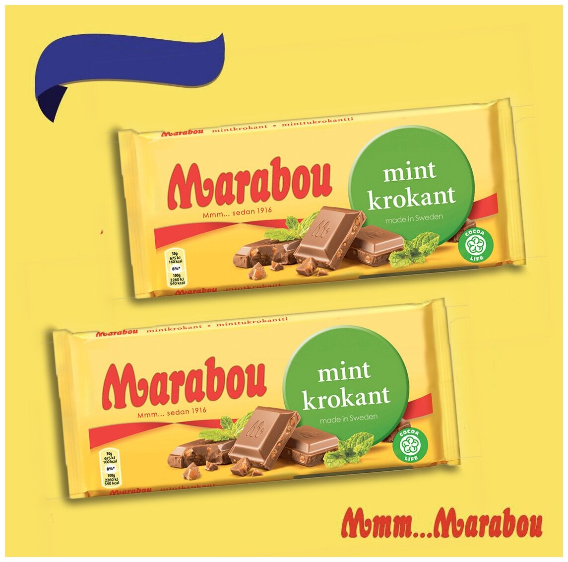 Шведский плиточный молочный шоколад с хрустящей мятой (Marabou Марабу, Mint Krokant 2 шт х 200 гр ) - фотография № 10