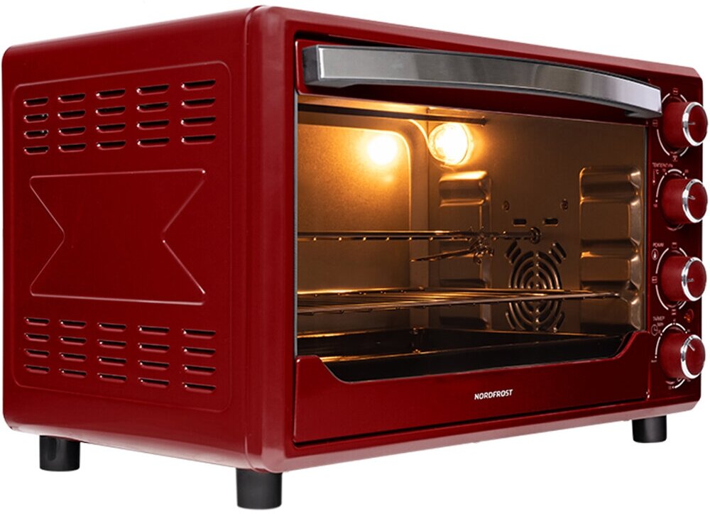 Мини-печь NORDFROST RC 350 R , настольная духовка, 1600 Вт, 35л, конвекция, гриль, таймер до 120 минут, 3 режима нагрева, красный - фотография № 1