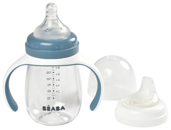 Поильник детский BEABA 210 мл. с двумя насадками в комплекте, поильник непроливайка с соской и силиконовым носиком, бутылочка для кормления, голубой