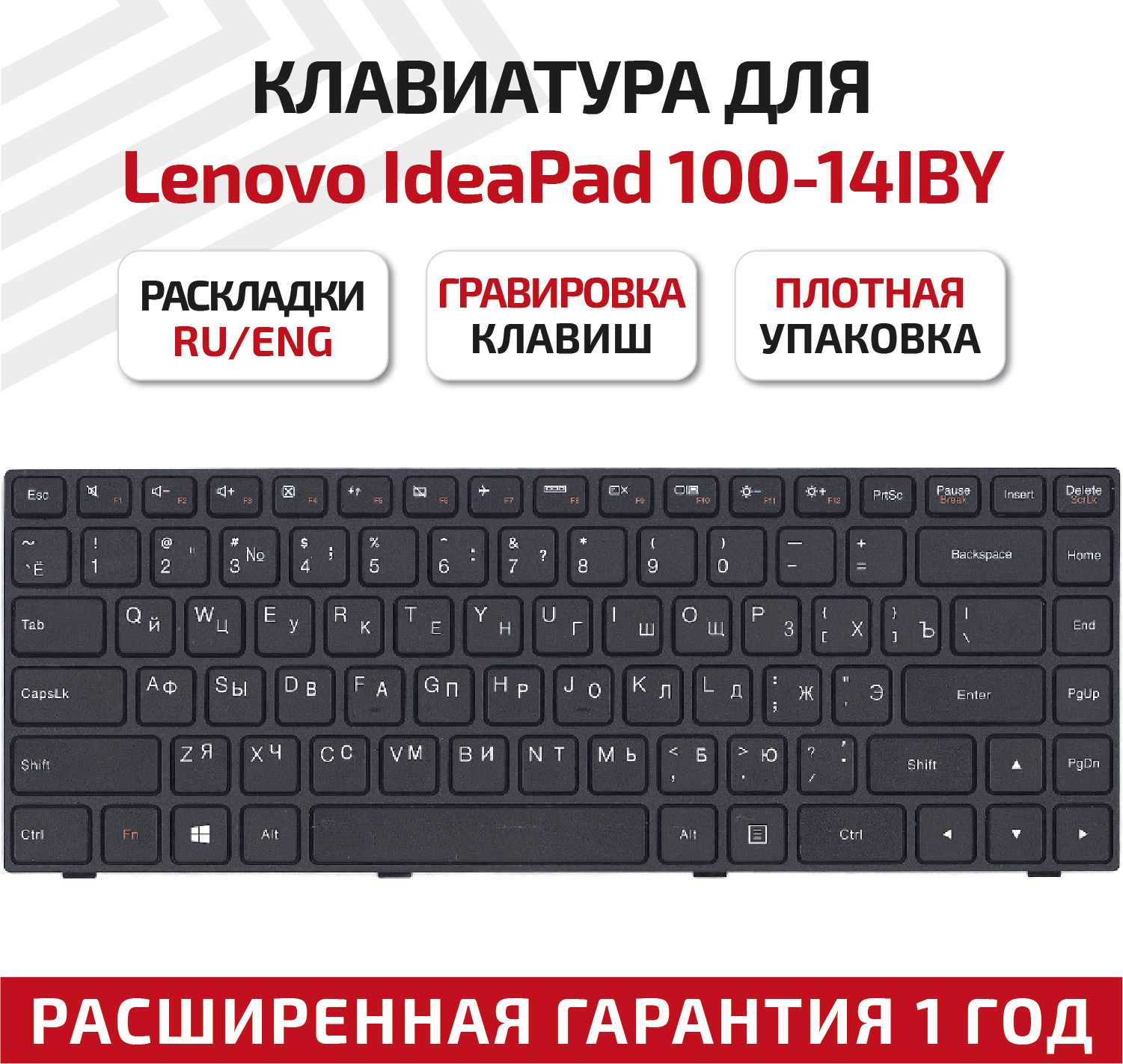 Клавиатура (keyboard) 5N20H47067 для ноутбука Lenovo IdeaPad 100, 100-14IBY, 100-14IBD, IdeaPad 100s-14IBY, черная