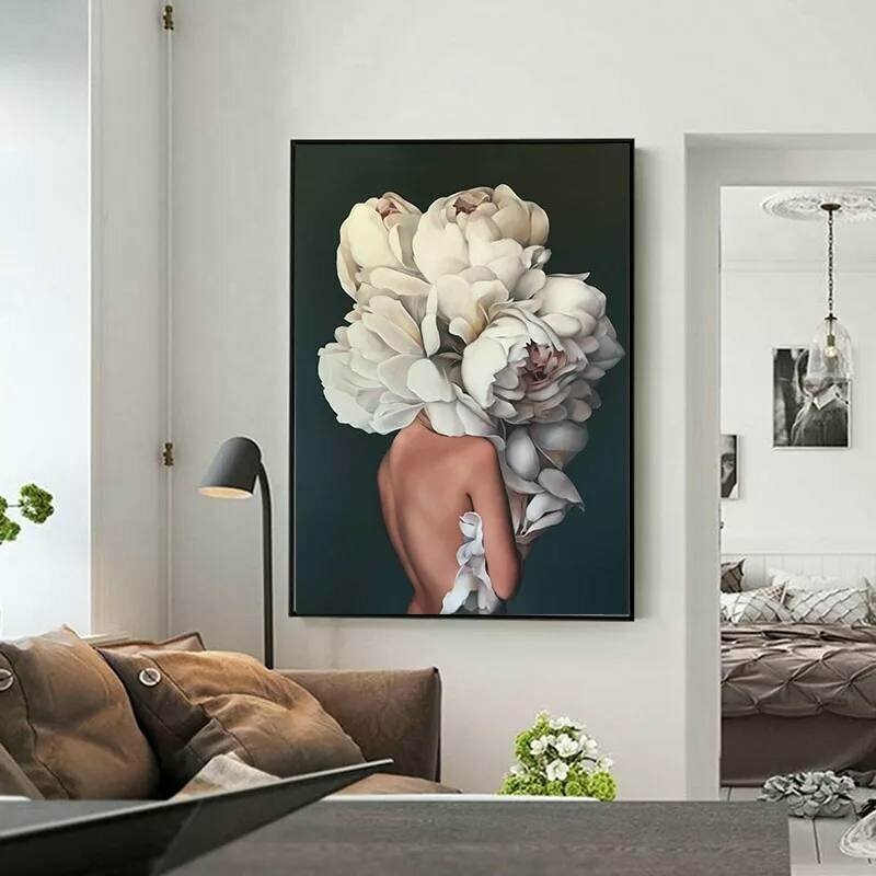 Картина "Девушка с пионами" интерьерная картина на холсте, сподрамником, на стену, 30х40/ 30 на 40 см