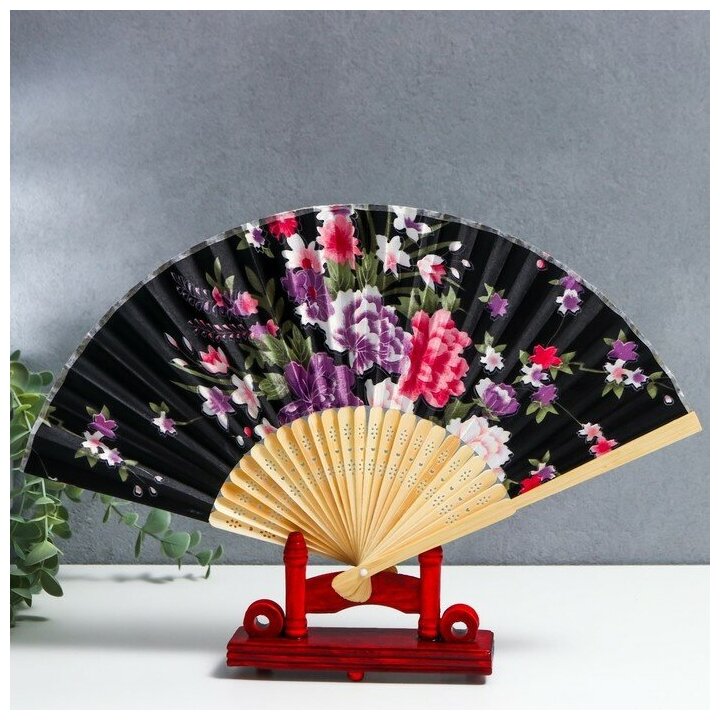 Веер бамбук, текстиль h=21 см "Цветы" с чехлом, чёрный - фотография № 2
