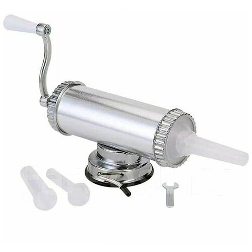 Шприц колбасный горизонтальный с объемом 15 кг металлический поршень вакуумная присоска к столу и струбцина для надежной фиксации 3 насадки разного диаметра 4838₽