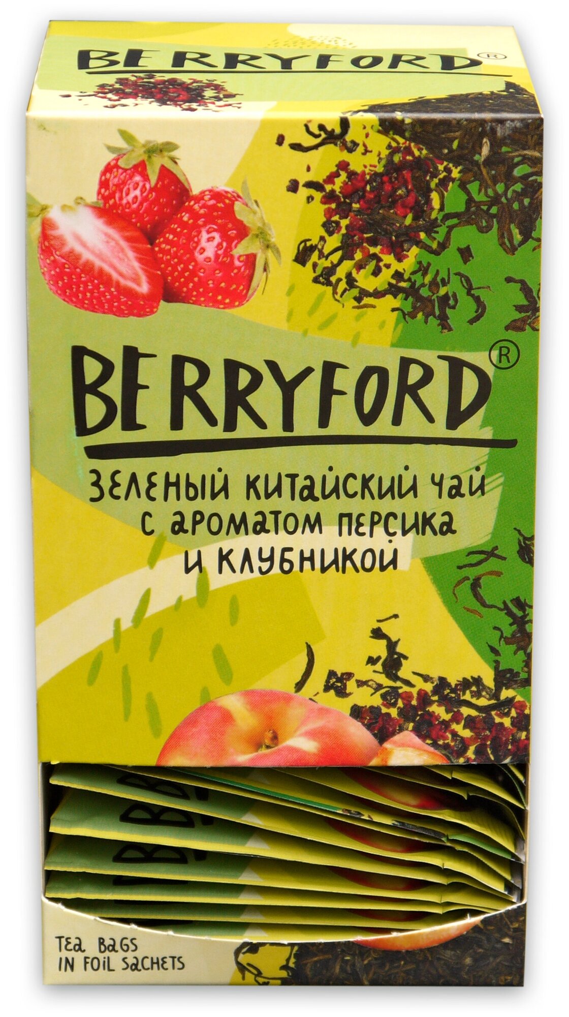 Чай BERRYFORD Зеленый китайский c ароматом персика и клубникой 25 пакетов - фотография № 2
