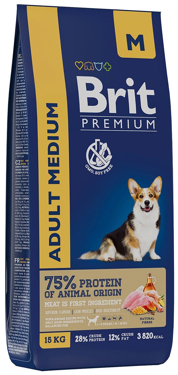 Brit Сухой корм для собак Brit Premium Dog Adult Medium с курицей для средних пород 15 кг