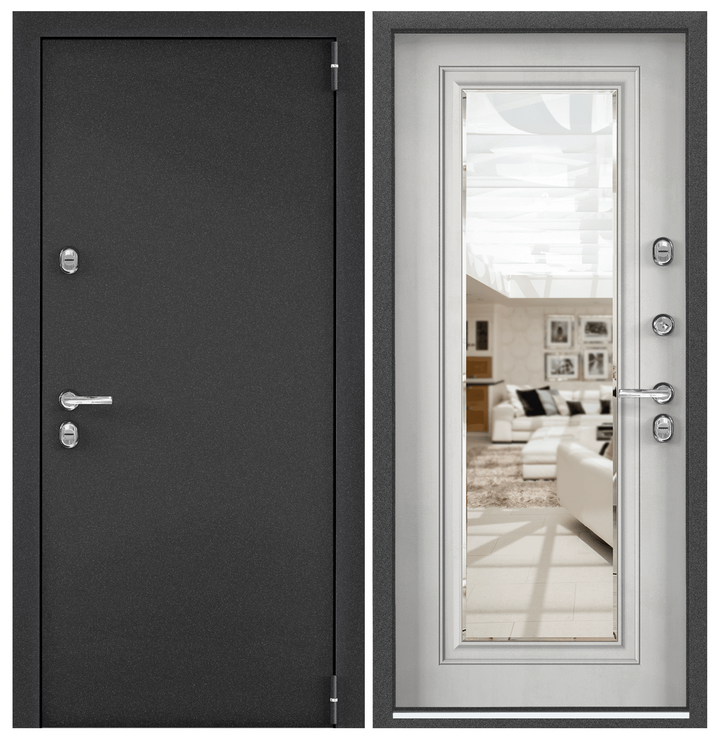 Дверь входная для дома Torex Village advanced 950х2050 правый тепло-шумоизоляция антикоррозийная защита, замки 4го и 3го класса, зеркало, черный/серый