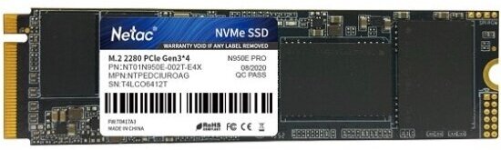 Накопитель SSD Netac M.2 (2280) N950E Pro 2.0 Tb PCIe NVMe 3.0 x4 3D NAND NT01N950E-002T-E4X